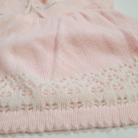 Vintage Pastel Pink Knit Sweater Baby Girl Dress Floral Embroidery - Picture 9 of 9